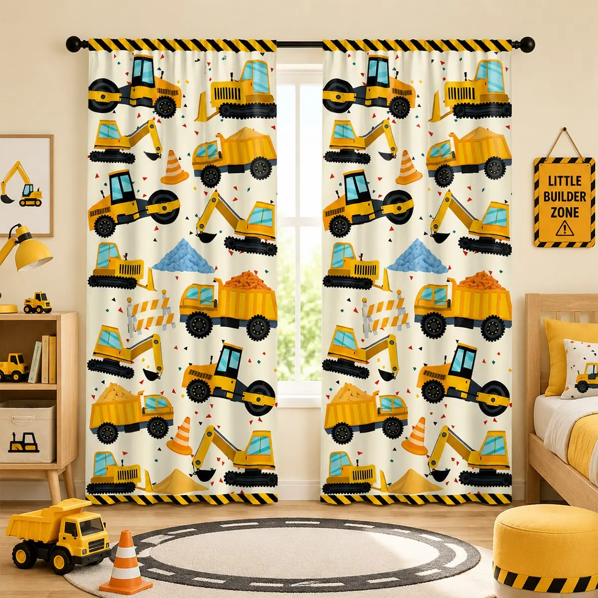 Cartoon Construction Vehicle Curtain Set, 2-Piece Kids Blackout Digging Tractor Print Curtains, Boy Bedroom Baby Room Decor Window Covering, Window Drapes