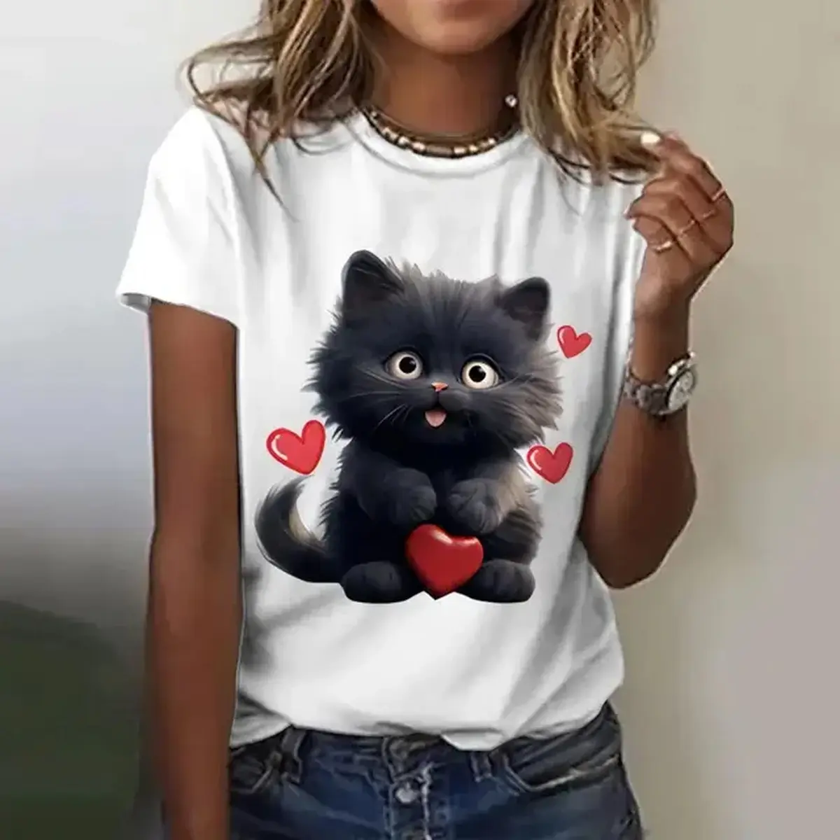 Women's Comfortable Fabric 3D Cat Printed Short-Sleeve Crew Neck T-Shirt - Cute Animal Graphic Customized Anniversary Casual Summer Streetwear Tops