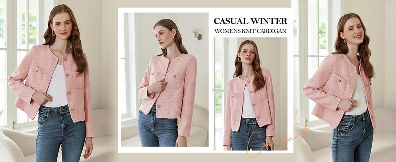 Women's Tweed Blazers Long Sleeve Business Button Down Casual Cropped Blazer Jackets with Pockets