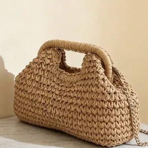 Fashionable Summer Straw Woven Crossbody Purse with Chain, Unique Braided Shoulder Bag, Versatile Casual Mini Clutch for Women, Summer Beach Holiday Essential, Suitable for Outings, Dates, Shopping, Gifts, Work Commute, Beach Bags