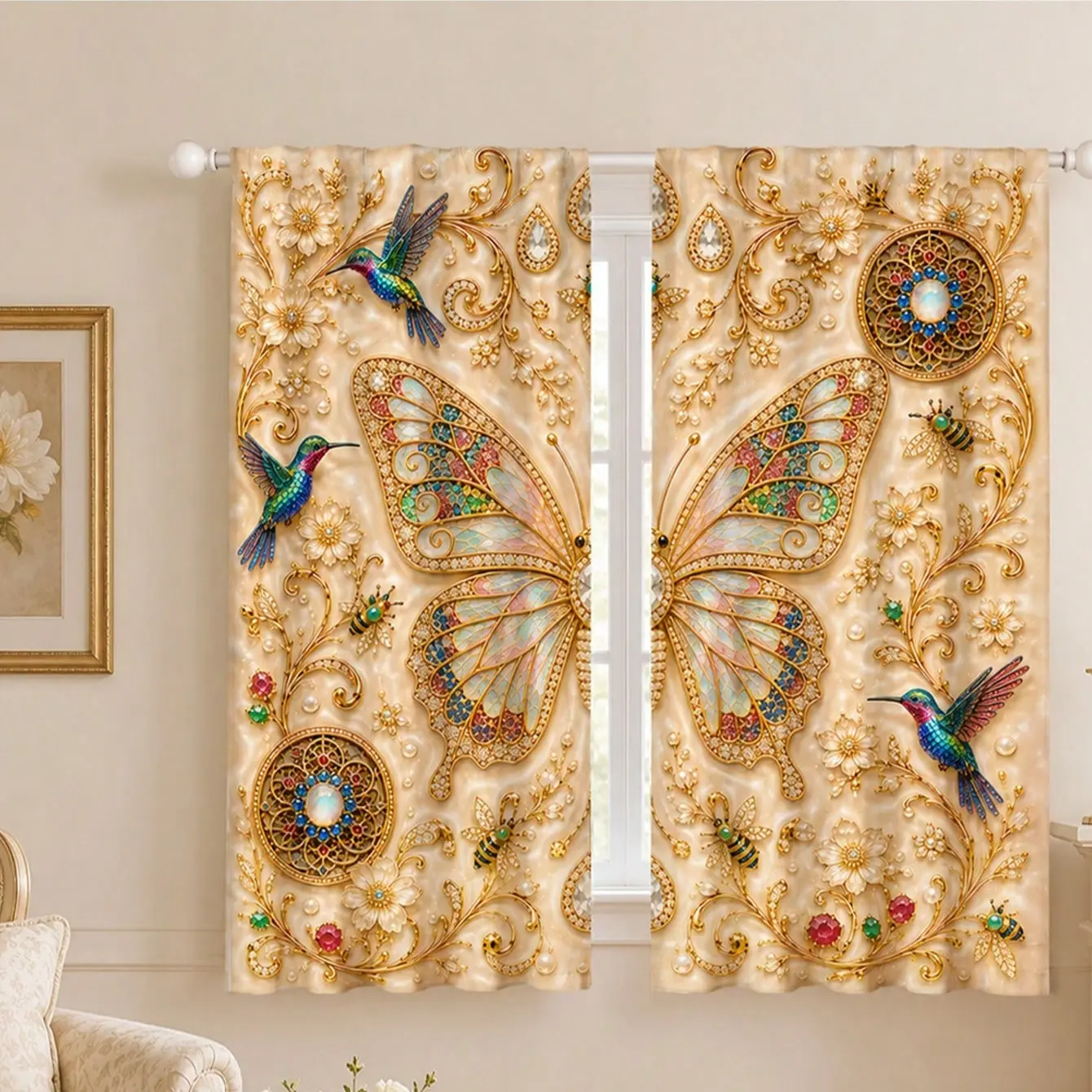 Elegant Insect Theme Curtain Set, Luxurious Butterfly & Magpie Print, Perfect for Living Room, Bedroom, Kitchen Decor