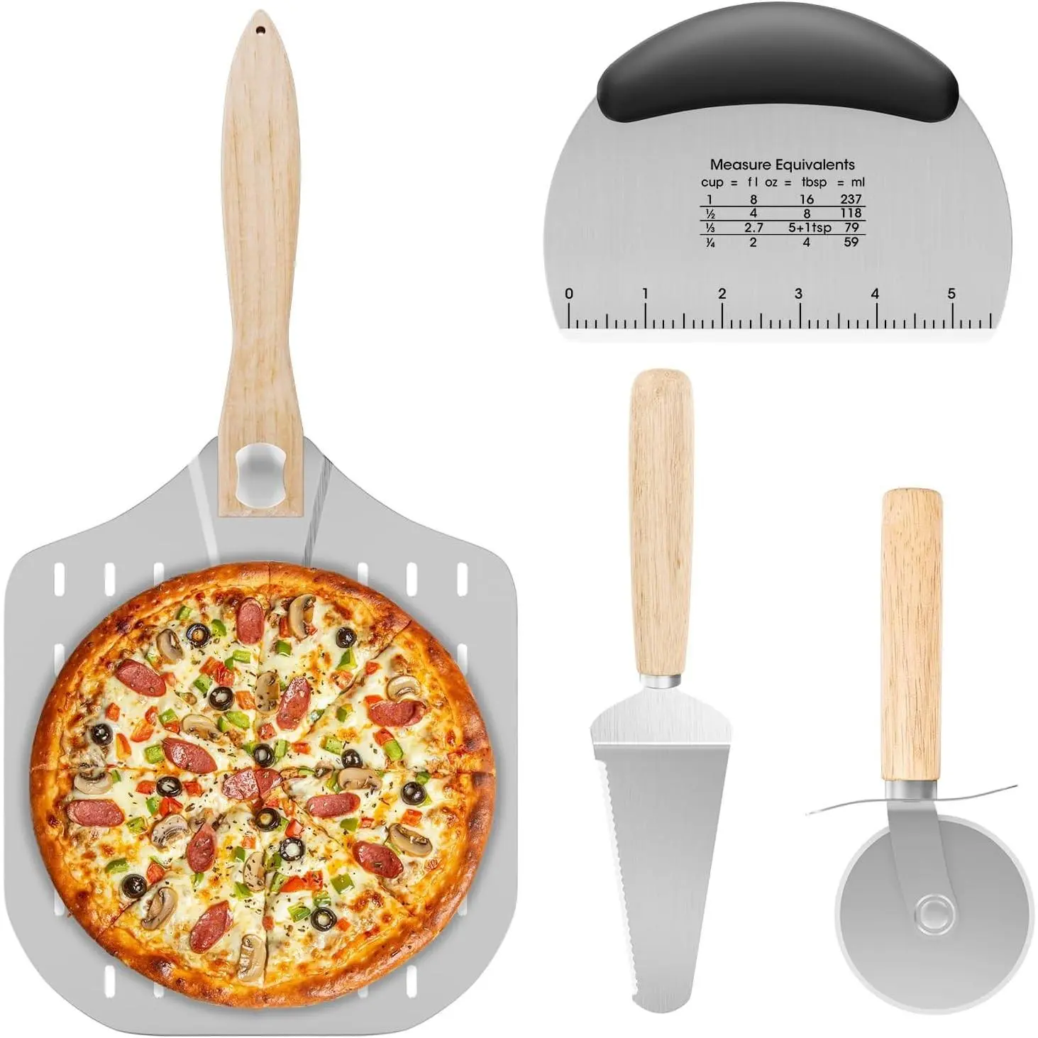 Pizza Oven Accessories Kit, 4 PCS Set for Pizza Making, Includes 12x14-Inch Aluminum Perforated Pizza Peel with Foldable Wooden Handle, Pizza Cutter, Dough Scraper and Pizza Server
