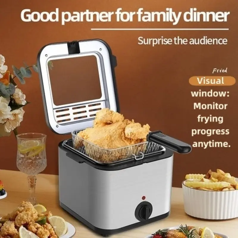 Visible Window All-In-One Electric Deep Fryer For Family Household Countertop Donut French Fries Maker Adjustable Temp Oil-Saving Stainless Steel Anti-Splatter Home Frying Appliance