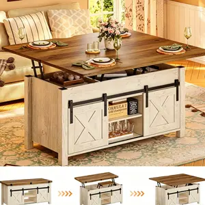 4-in-1 Rustic Coffee Table - Distressed Oak Farmhouse Adaptive Furniture, Lift-Top Convertible Coffee Tables with Storage Spaces, Hidden Compartment, Sturdy Legs for Home Living Room Decor