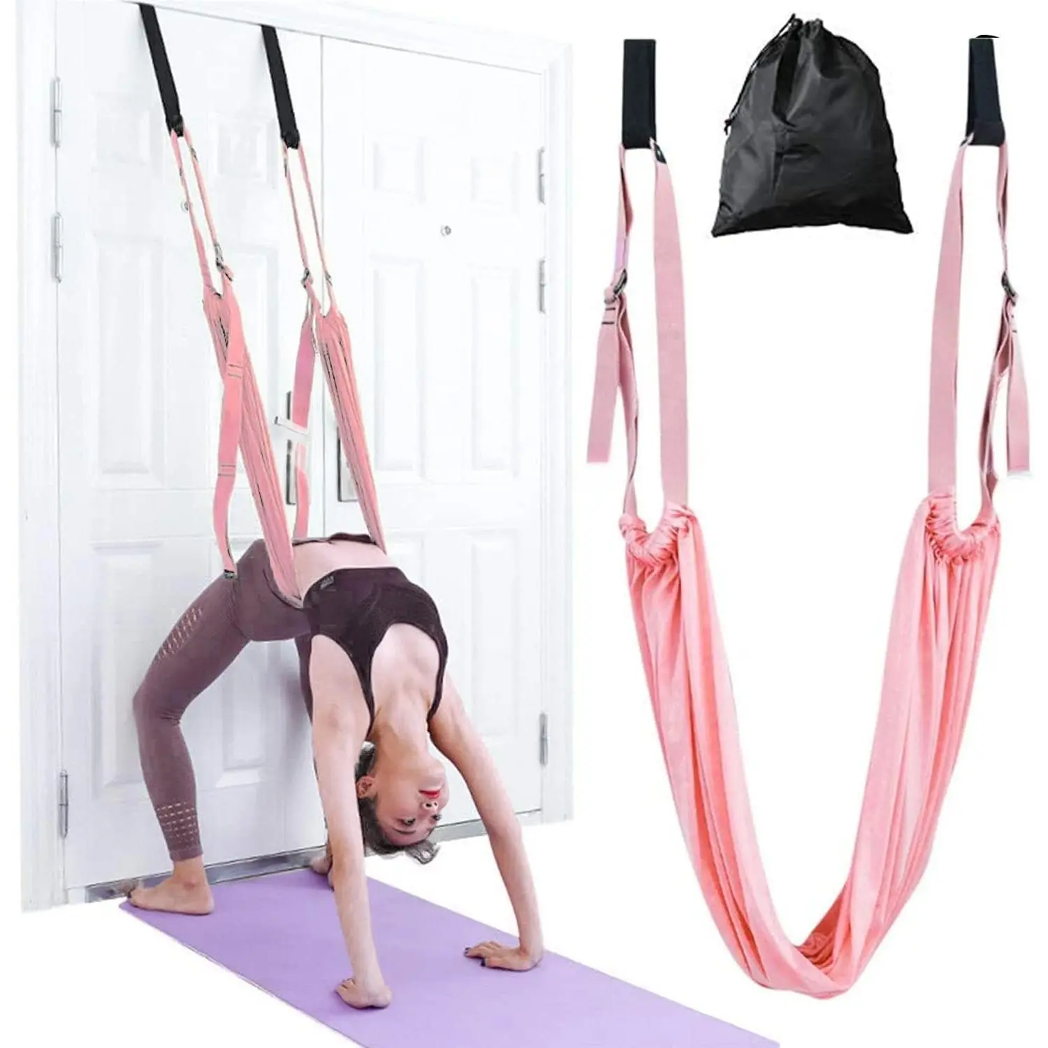 Yoga Stretching Strap, Adjustable Height Leg Stretcher Waist Back Stretch Band Aerial Yoga, Anti-gravity Inversion Exercises Door Flexibility Tensile Trainer  Rehab Pilates Dance Splits (Pink) New model