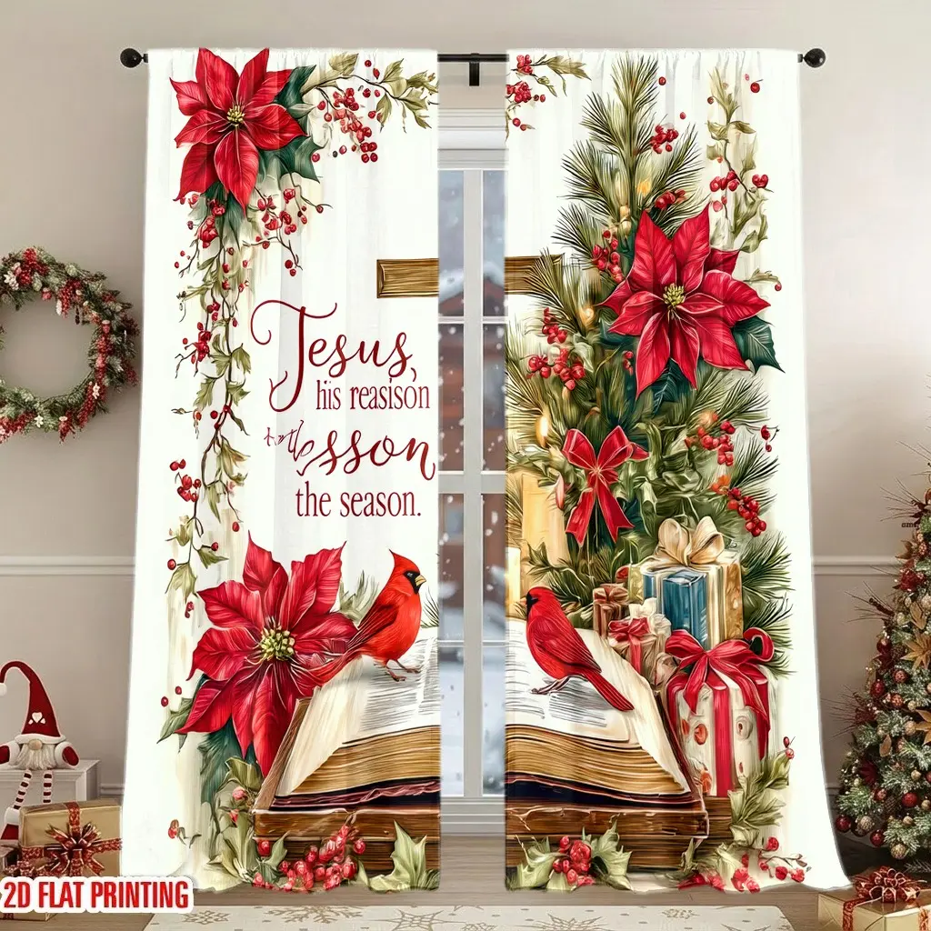 2Pcs Festive Christmas Theme Curtains with Christian Quote and Poinsettia Design, Digital Printing, Light Filtering, Privacy Protection, Ideal for Living Rooms, Bedrooms, Holiday Decor.