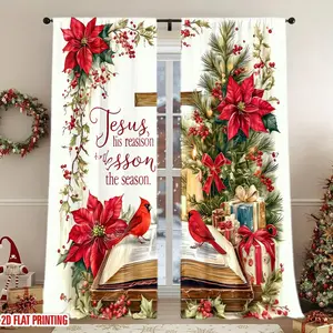 2Pcs Festive Christmas Theme Curtains with Christian Quote and Poinsettia Design, Digital Printing, Light Filtering, Privacy Protection, Ideal for Living Rooms, Bedrooms, Holiday Decor.