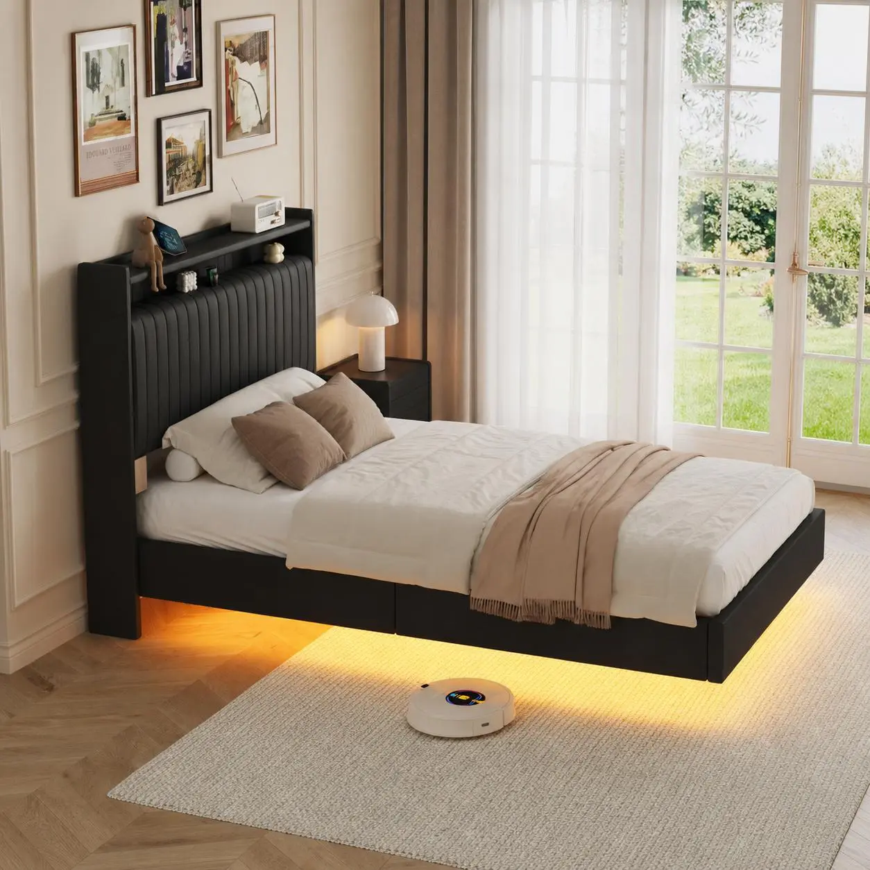 Modern Float PU Fabric Queen/Full Size Floating Upholstered Platform Bed Frame - Smart RGB Lighting, Charging Station, Storage Headboard Shelf, Stable Design, No Box Spring Needed, Modern Floor Bed, Bedroom Furniture