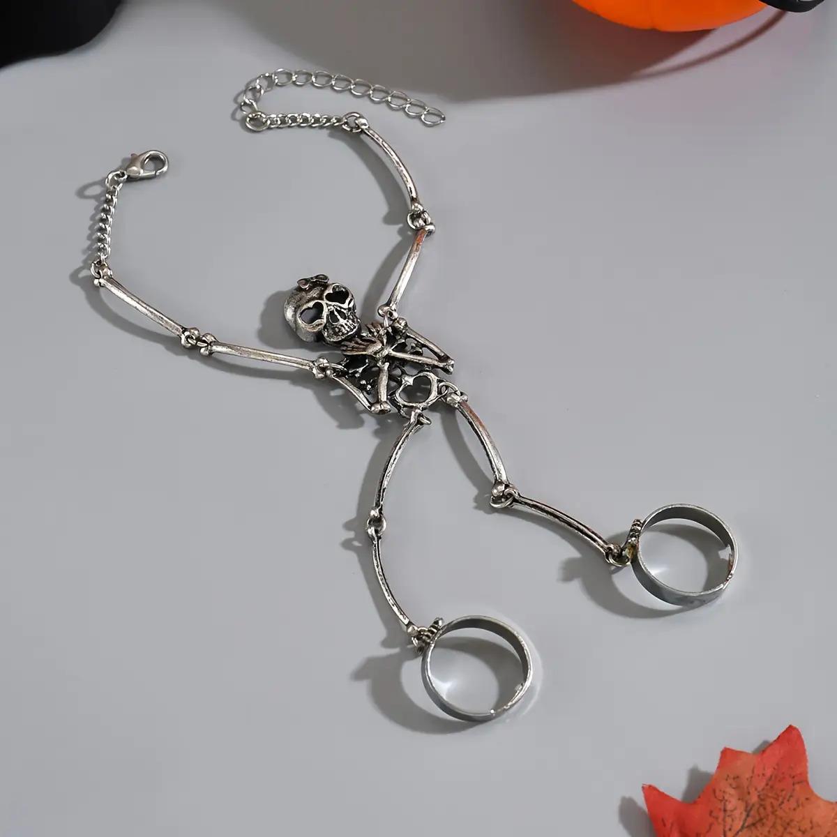 1 Gothic Punk Skull Bracelet Ring - Adjustable skull and bone charm with heart-shaped eyes and bow decoration, women's fashion statement jewelry, suitable for everyday wear, Halloween, masquerade and Gothic occasions all year round, full of personality de