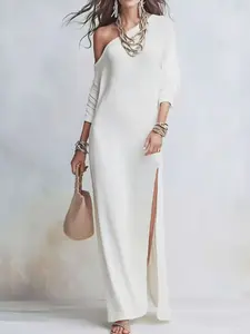Women's European Style Off-Shoulder Long Dress, Summer New Arrival Split Neckline Dress, Beach Vacation Skirt, Fashionable and Stylish, Chic