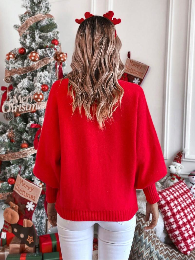 Women's "Merry" Letter Print Lantern Sleeve Sweater, Casual Cute Round Neck Jumper for Daily Outdoor Wear, Women Knitwear for Fall & Winter