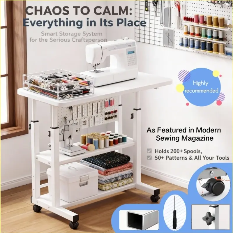 Multifunctional Adjustable Height Mobile Craft Table/Storage Table - With 4 360° Wheels°Silent wheel mobile craft table, available in black/white, with a double-layer storage shelf. Perfect for the bedroom o