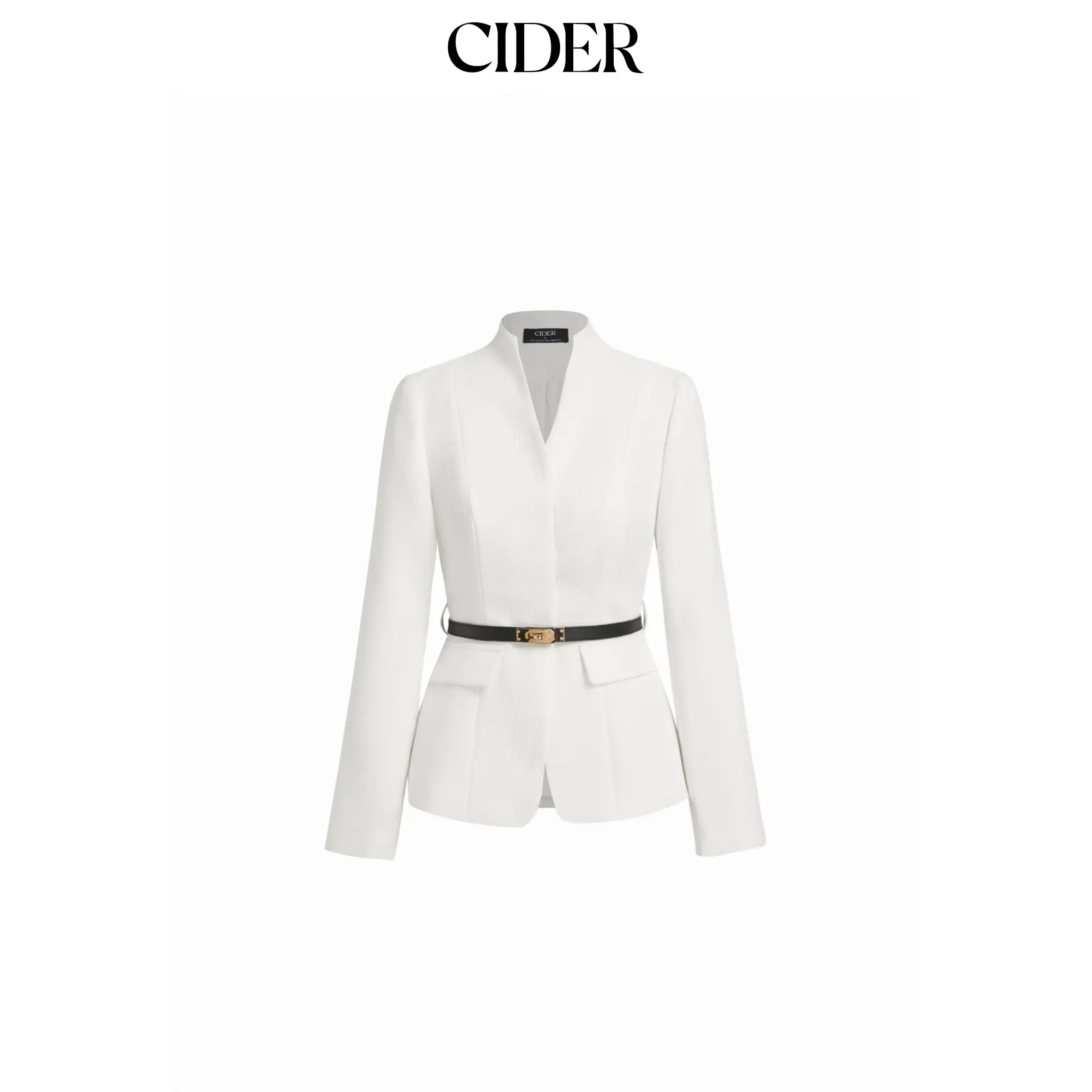 Cider Textured Stand Collar Long Sleeve Blazer With Belt SohoChic