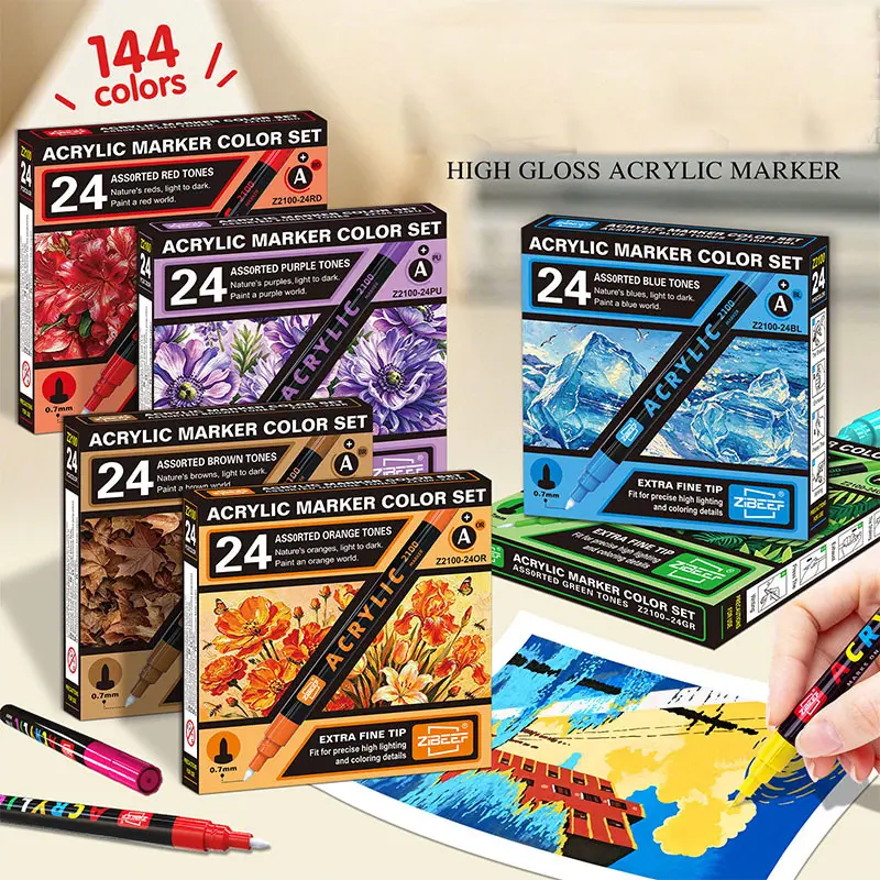 Fine Tip Acrylic Markers, 0.7mm Precision Hard Tip, 24 Colors Per Box, 144 Total, Waterproof, Fast-Drying, Ideal for DIY Crafts