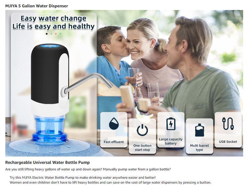 Water Dispenser for 5 Gallon Bottle - Rechargeable Water Pump for 5 Gal Jug, BPA-Free, Food Grade Silicone Hose, Stainless Steel Spout - 30-40 Days Battery Life, Easy One Switch Operation for Kitchen Outdoor Camping Office