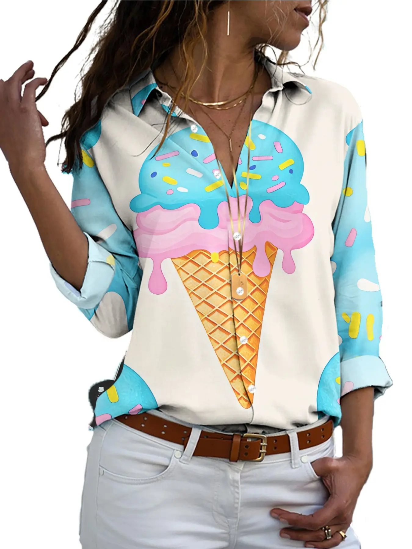 2026 New Women's Summer Sweet Ice Cream Pattern Blouse, Macaron Color, Rollable Sleeves, Loose Fit, Casual Sleeveless Shirt
