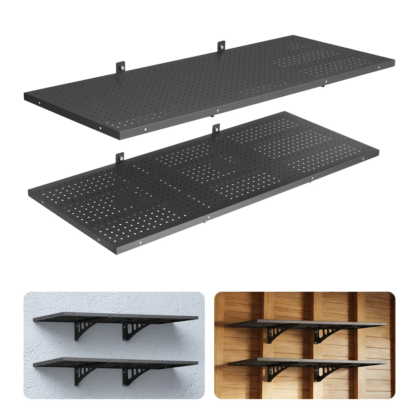 VEVOR 2-Tier Heavy Duty Carbon Steel Pegboard Rack, Wall-Mount Garage Storage Kit with Floating Shelves (20x48 in Per Shelf), 1.64x4 ft Universal Mount Hanging Unit, 560 lbs Capacity, Includes Installation Set, Black