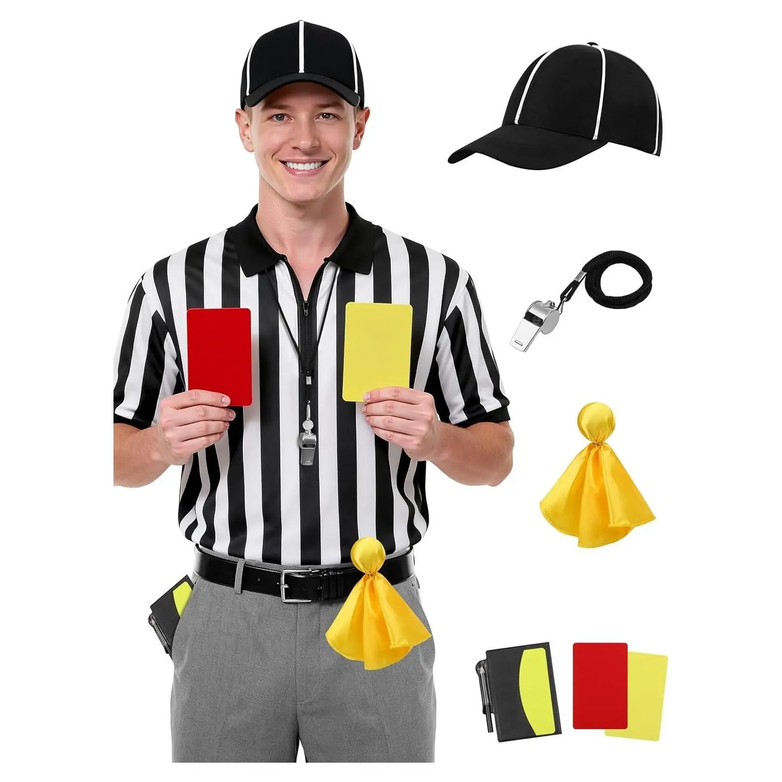 6 Pcs Referee Shirt Set for Men Women, Zipper Collar Ref Shirt with Card, Hat, Whistle, Penalty Flag, Sandbag for Rugby Football SoccerGift