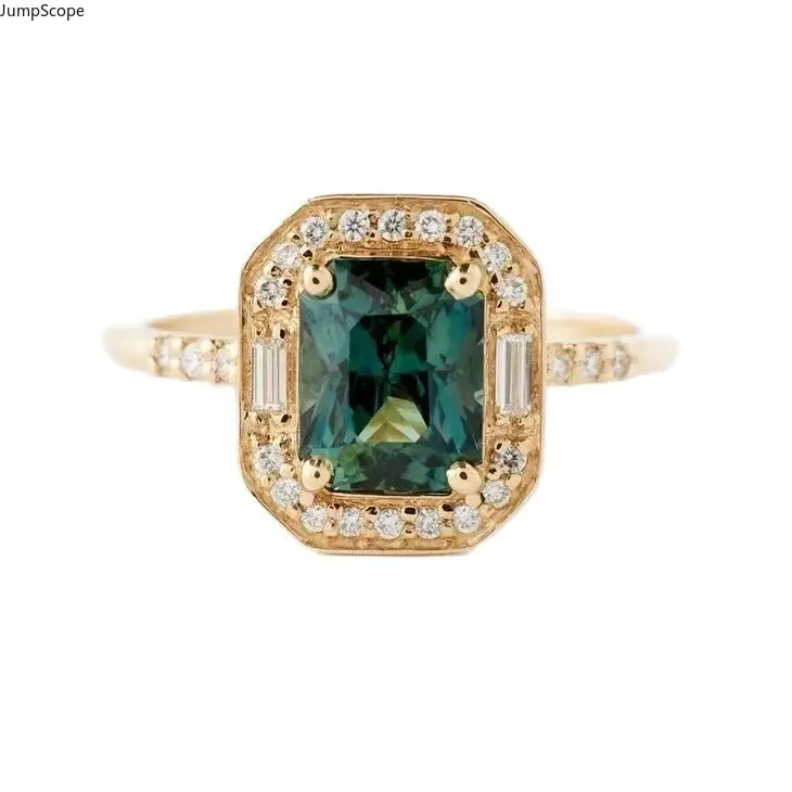 Gold Plated Womens Emerald Cut Green Cubic Zirconia Halo Ring, Octagon Frame Round & Baguette Paved Diamond Accent Band, Minimalist Luxury Dainty Square Gem Statement Fine Hand Jewelry For Engagement Party Daily Gift