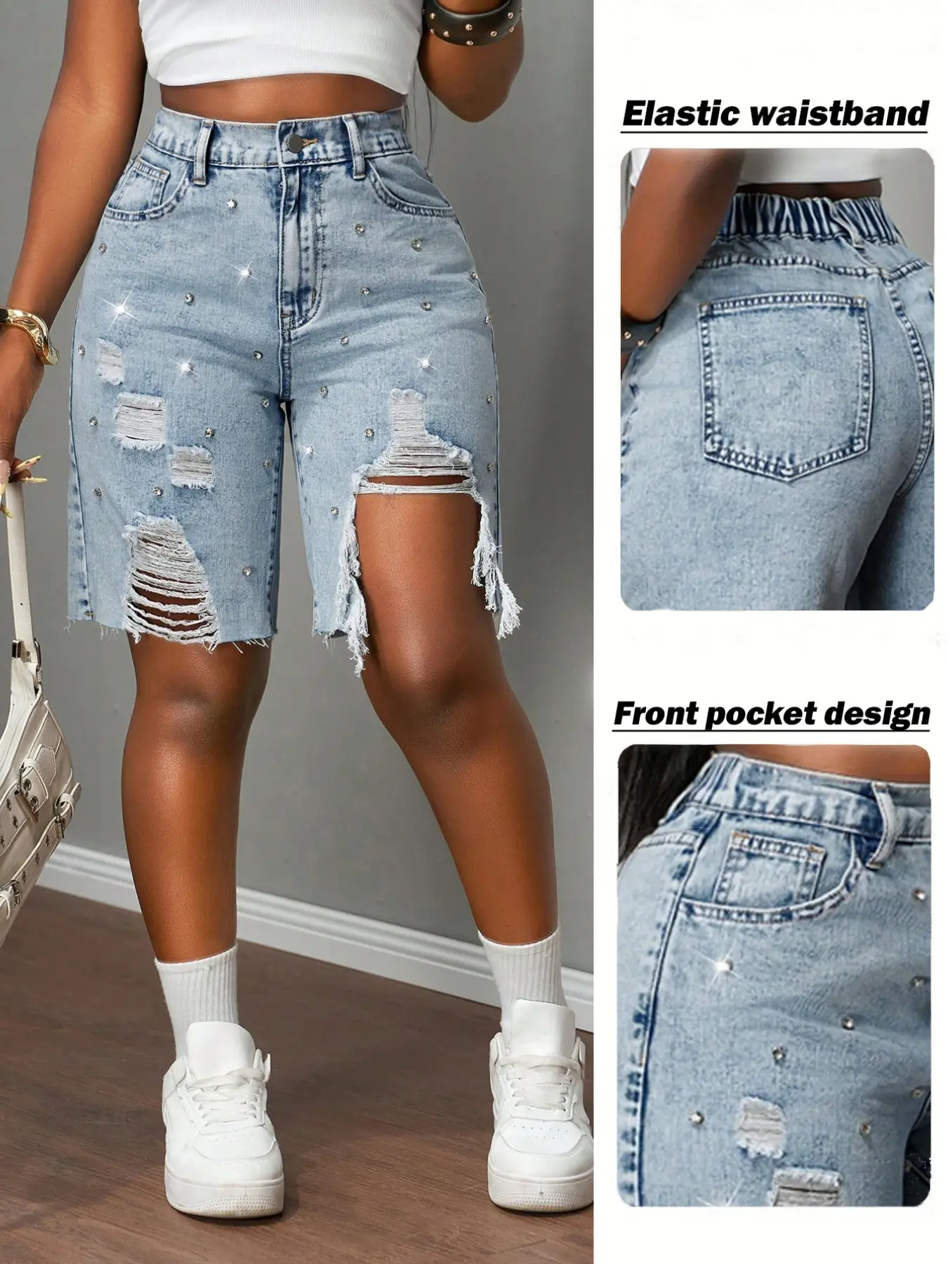 Fashionable Diamond-Embellished Ripped Denim Mid-Length Pants, DIY Rips, Elastic Waist, Loose-Fit, All-Seasons Wear