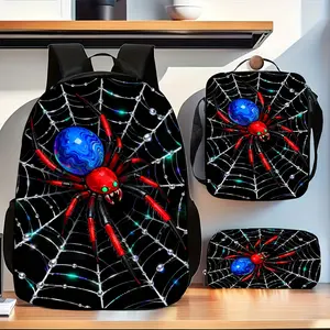 Three-piece daily accessory set, including a backpack, a crossbody bag, and a pencil case, decorated with cool spider and spider web prints