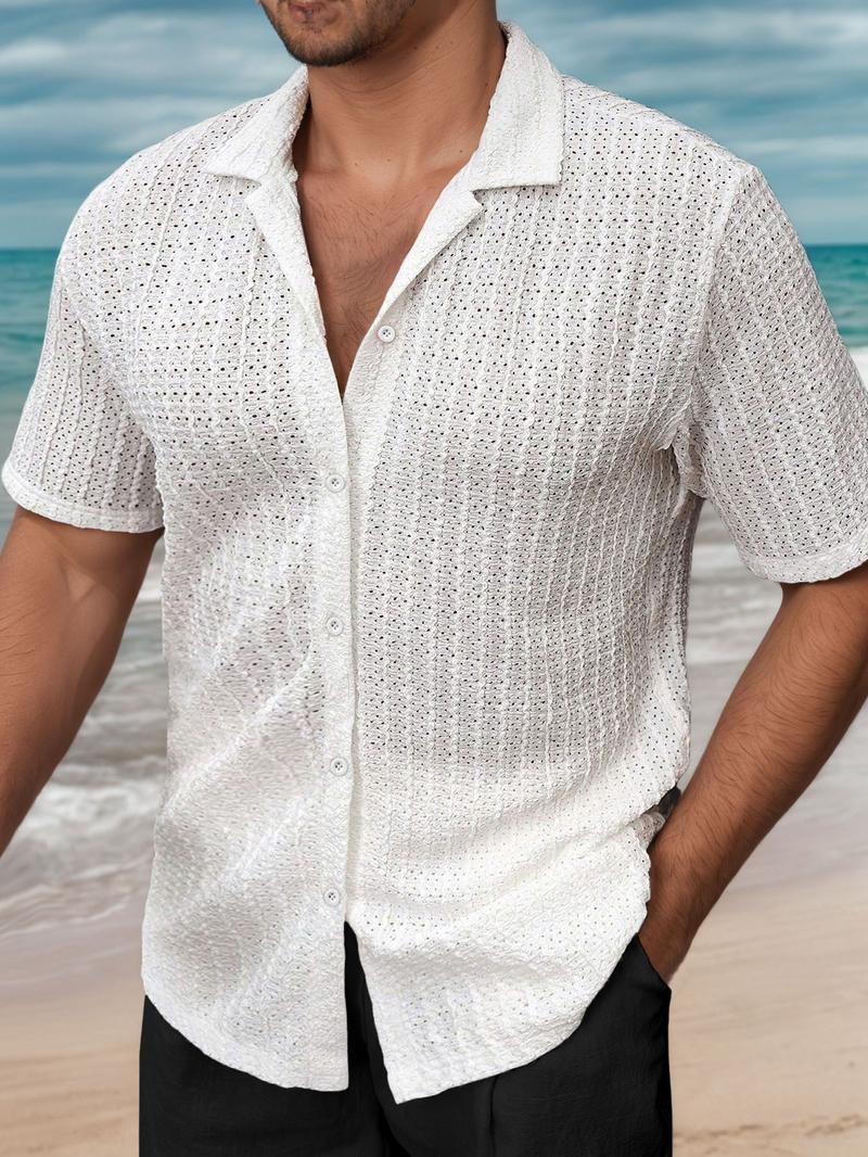 Two-Piece Set Men's Solid Textured Short Sleeve Shirt & Shorts, Regular Fit Casual Comfy Button Down Top & Shorts for Summer, Men's Clothes for Beach Vacation