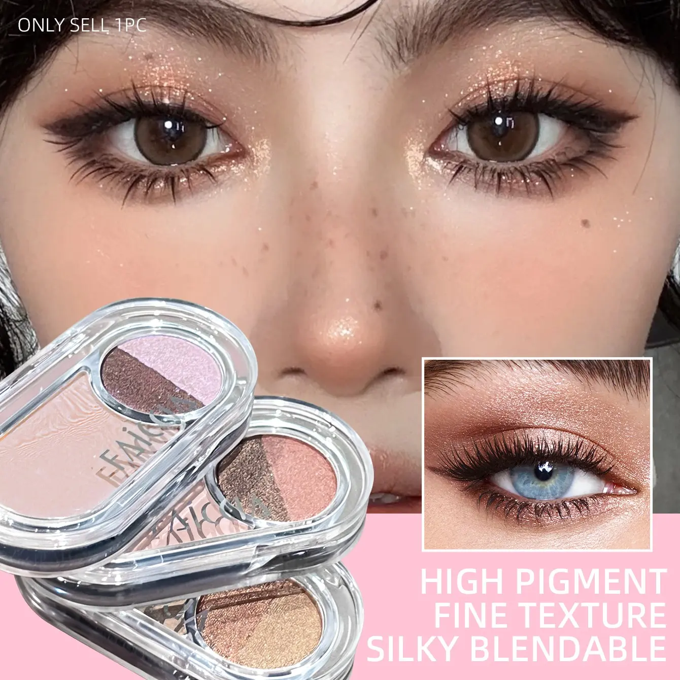 FAICCA Planet Energy Multi Use Eyeshadow Palette transparent oval case base two tone split shimmer silky fine rich pigment adhere skin zero fallout three shade options cool grey oat peach earth apricot matte for eye contour dual glitter for inner corner