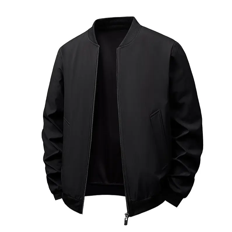 Men's Classic Black Long Sleeve Wool Blend Bomber Jacket - Menswear, Plain, Windproof, Rib Collar, Rib Cuffs, Graphene Hooded, Sherpa Lined, Polyester, Machine Wash, Minimalist Casual Outerwear for Young Men's Daily Street Outfits
