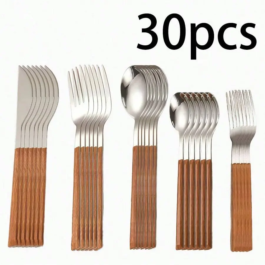 Vintage Style Stainless Steel Square Handle Imitation Wood Handle Steak Knife Fork Spoon Dessert Fork and Spoon Set for Restaurant and Home Use