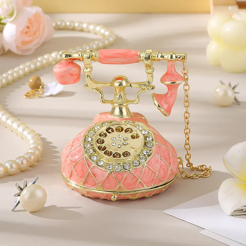 Vintage Retro Telephone Shaped Enamel Alloy Trinket Box, Crystal Inlaid Mini Jewelry Storage Organizer, Cute Decorative Accessory Holder for Rings Earrings Necklaces, Ideal Gift for Baby Shower Wedding & Birthday Party Favors