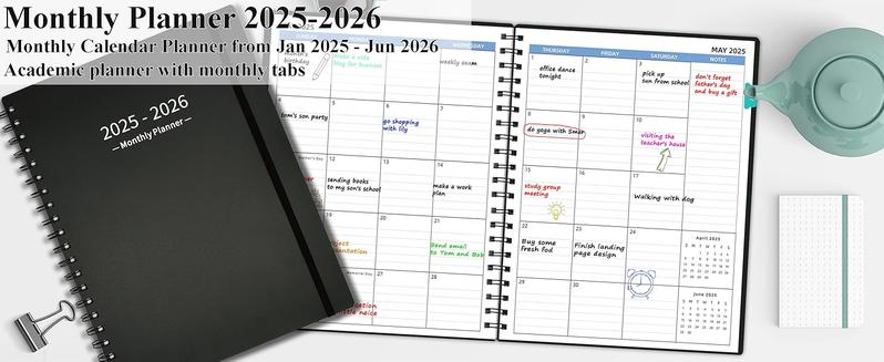 Monthly Planner20252026 (7.4'' x 9.6''), 2025 Calendar 18 Months Planner from Jan 2025Jun 2026, Academic Planner with Monthly Tabs  Pocket, Perfect for School  Work, 120GSM Thick Paper, Black
