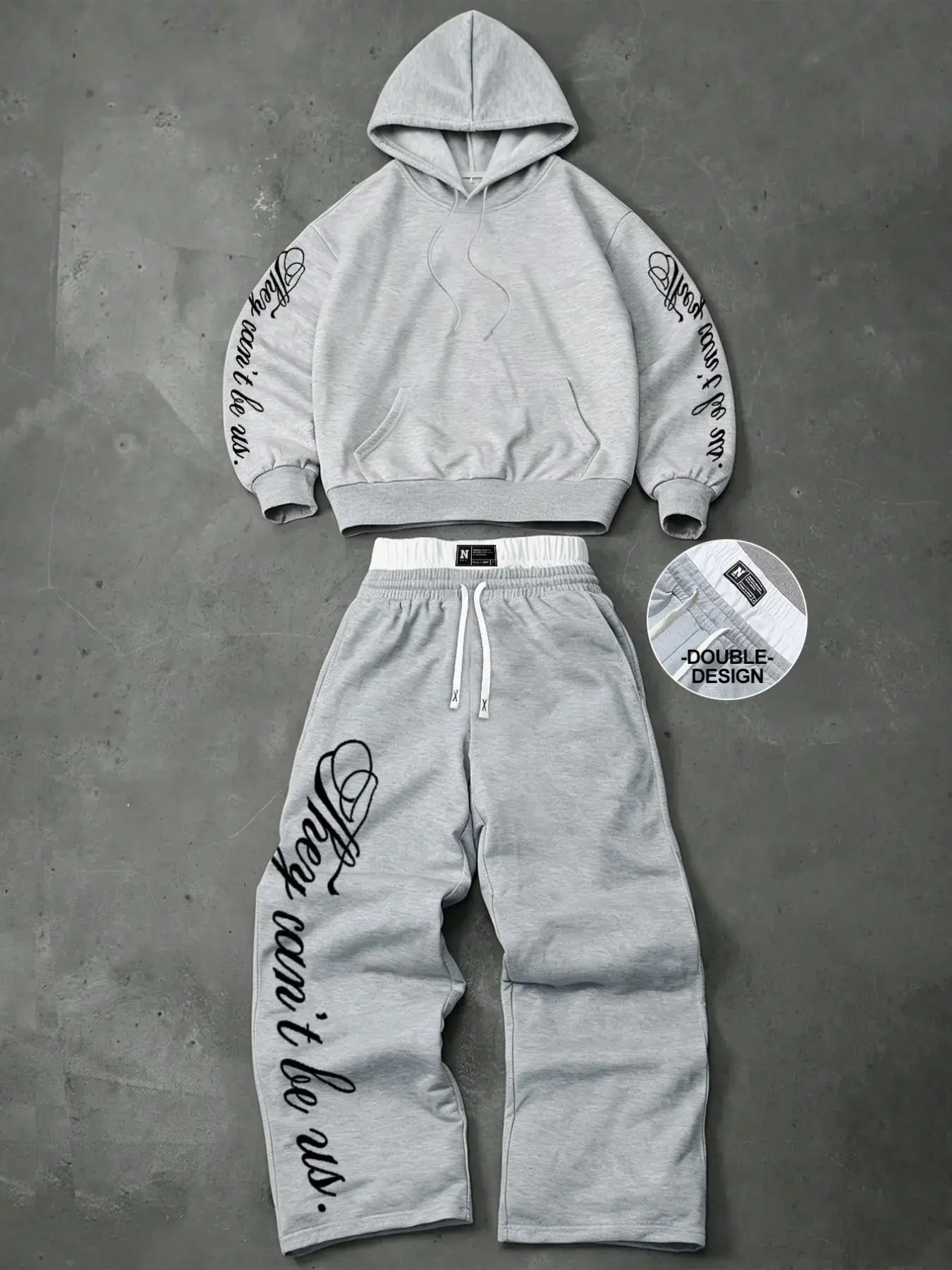 Men's Y2K Urban Streetwear Two-Piece Set, Relaxed Fit, Light Floral Fleece Sweatshirt & Loose Wide-Leg Pants, Chicano Script Print, Casual Hip-Hop