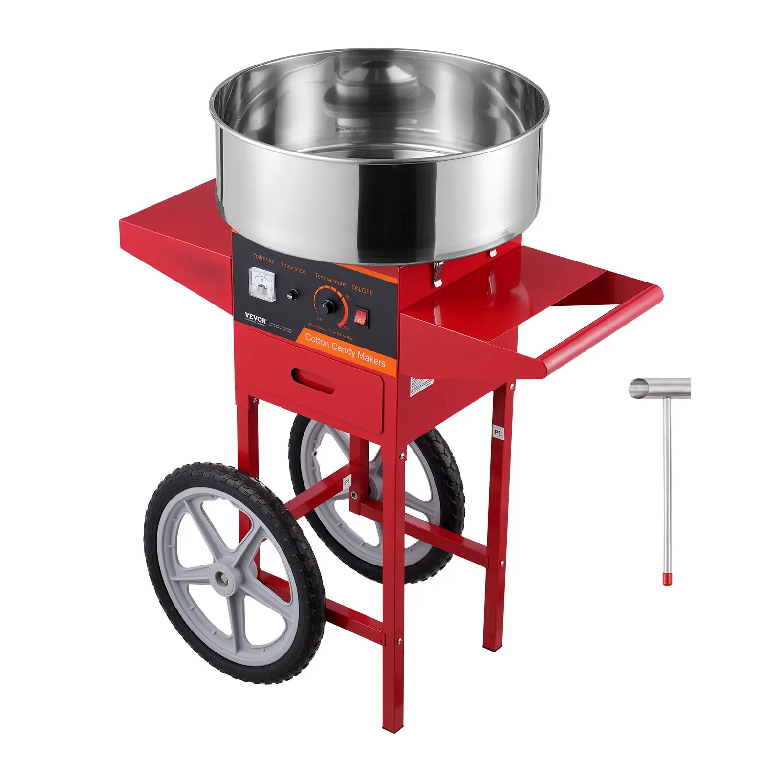 VEVOR 1000W Commercial Electric Cotton Candy Machine with Free-Standing Cart, Stainless Steel Bowl, Sugar Scoop, Drawer, Voltage Adjust & Continuous Run, Ideal for Kids' Birthday, Parties