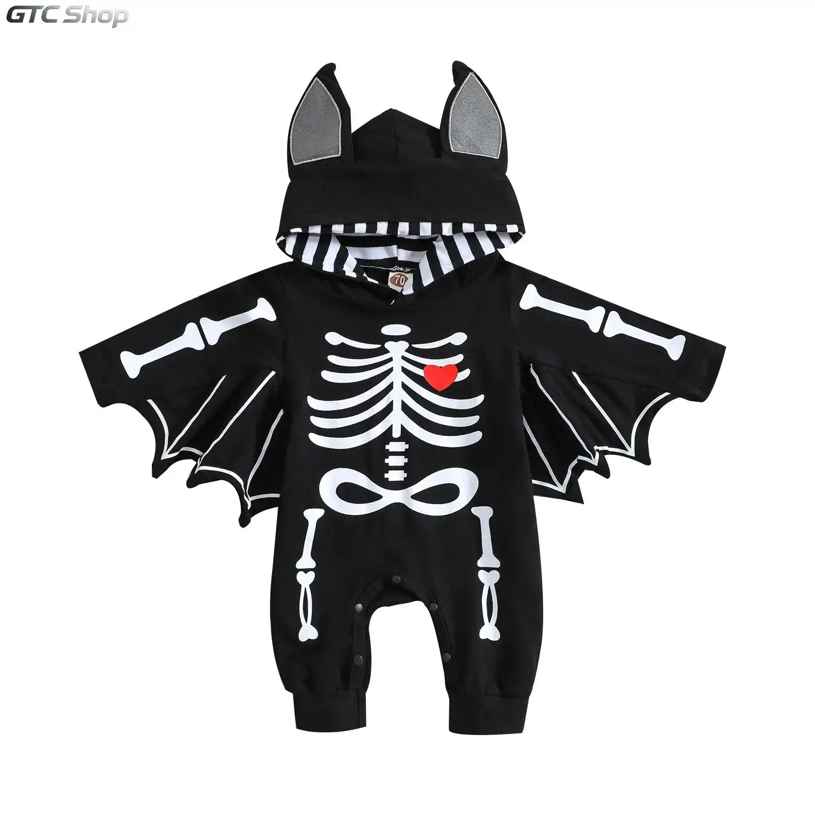 0-24 Months Black Solid Hooded Long Sleeve Romper, Cute Bone Pattern Soft Stretch Hood Bodysuit, Versatile Casual Home Sleep Jumpsuit, Comfort Daily Outfit & Practical Shower Gift for Infant Toddler Boys