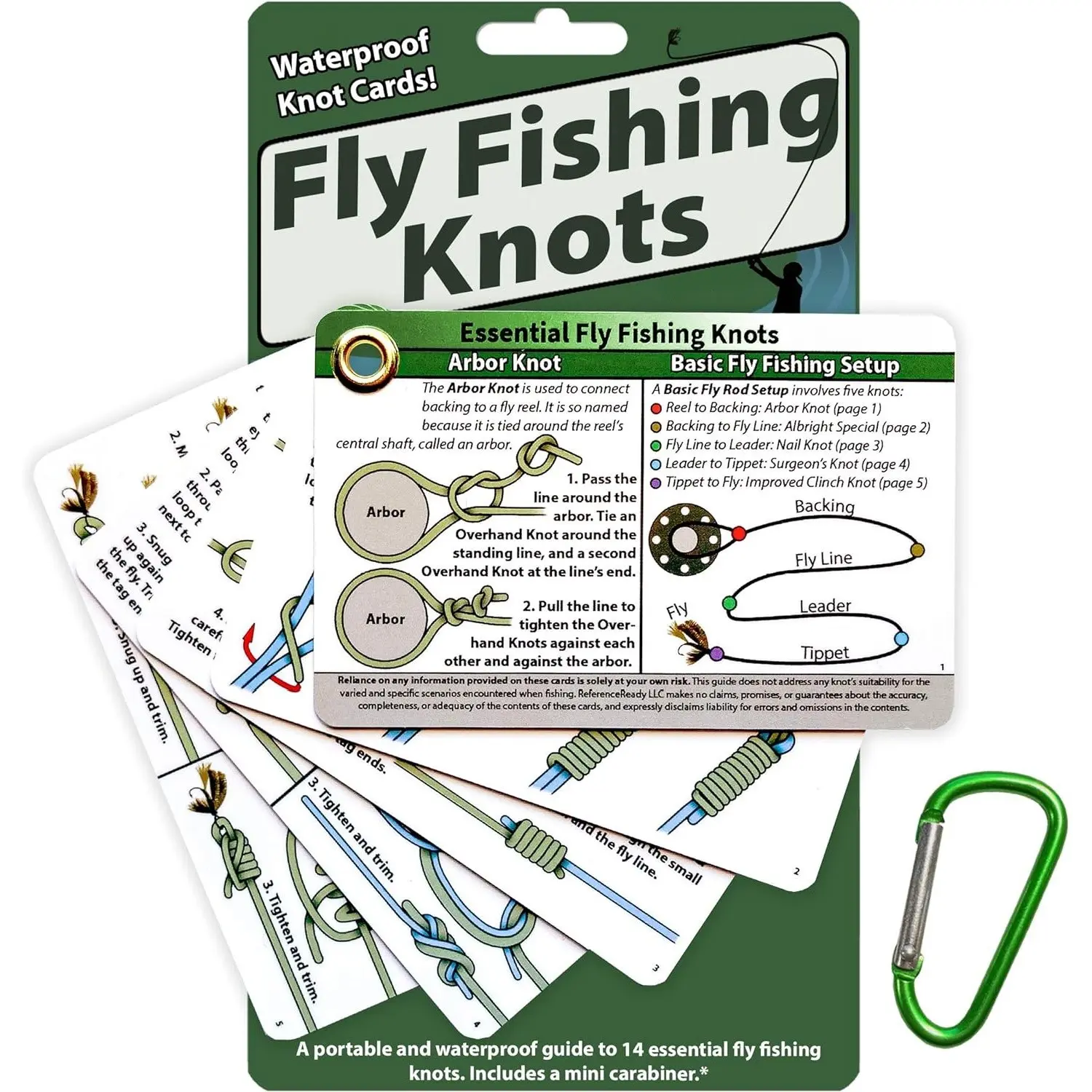 Fly Fishing Knot Card – 14 Essential Knots with Step-By-Step Guide, Includes Mini Carabiner, Portable Pocket Guide for Freshwater Anglers