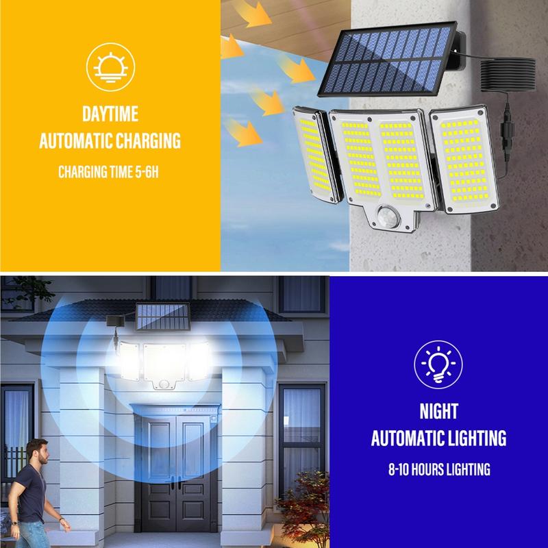 Solar Powered Outdoor Light with Motion-Sensor, 3-Head Solar Floodlight with Remote Control, Outdoor Light for Patio, Garage, Porch, Yard