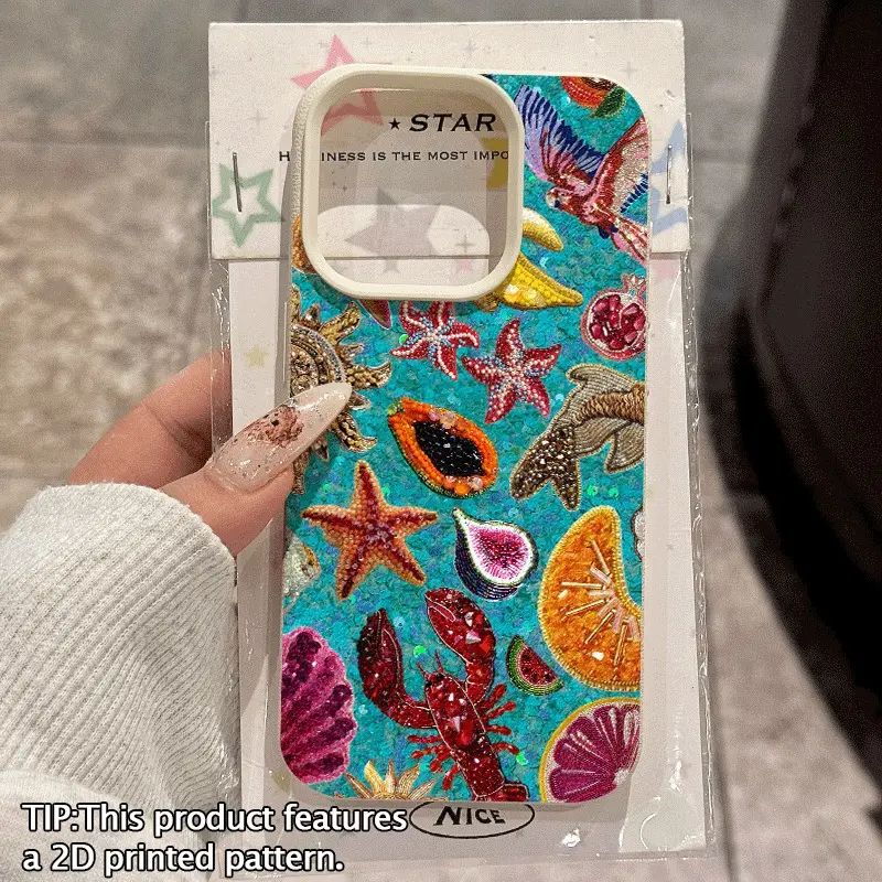 Gorgeous, colorful, and fresh, with a blue shimmer background featuring fruit, starfish, lobster, sun patterns, and lychee texture. Suitable for iPhone 17/16/15/14/13/12/11/X/XS/XSMAX, shockproof and drop-resistant. It's a holiday gift for friends, family