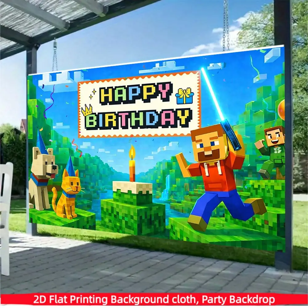 1PC Pixel Game Themed Birthday Background Fabric, Polyester Material, Suitable for Photo Booths, Parties, Birthdays, Celebrations, and Indoor/Outdoor Home Birthday Party Decorations, Home Decor, Room Decor, Wall Decor