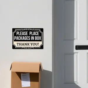 2D Flat - One Piece of a 2D Flat Metal Tin Sign for Package Delivery Instructions, Stating 'Kindly Put Packages in The Box, Thank You!' This Practical Black Reminder Measures 8×12 Inches And Serves As Decorative Wall Art for Indoor Or Outdoor Use