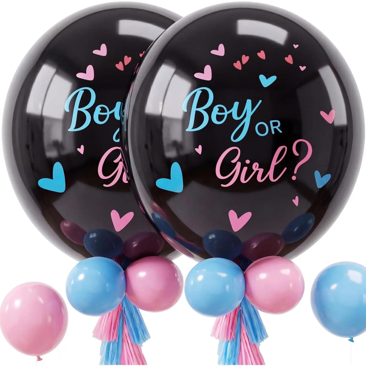 RUBFAC Gender Reveal Balloon Kit, 2pcs 36" Jumbo Black Baby Boy or Girl Balloons with Heart Shaped Paper Confetti, Blue Pink Balloons and Tassels for Baby Shower Gender Reveal Party