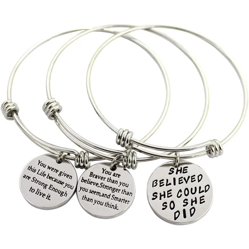 3 Pack Women Engraved Message Inspirational Words Round Charm Bracelets Set Expandable  Plated Stainless Steel Motivational Bangle Bracelet