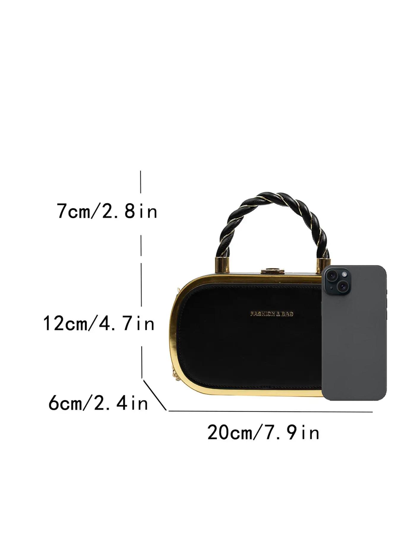 Women's Fashion Buckle Twisted Top Handle Chain Strap Crossbody Bag, Minimalist Letter Detail Metallic Trim Versatile Box Bag, Casual Shoulder Bag, Casual Crossbody Bags