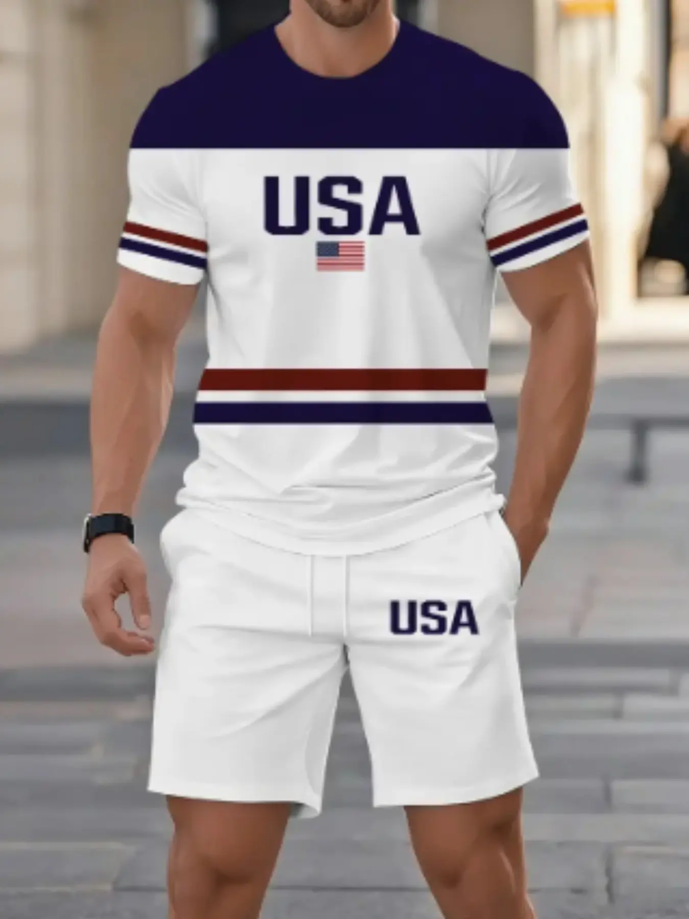 Men USA Letter Flag Striped Print 2 Piece Outfit Quick Dry Clothes Short Sleeve Crew Neck T Shirt & Drawstring Pocket Shorts Set Summer Casual Sports Style Streetwear Sports Tracksuit