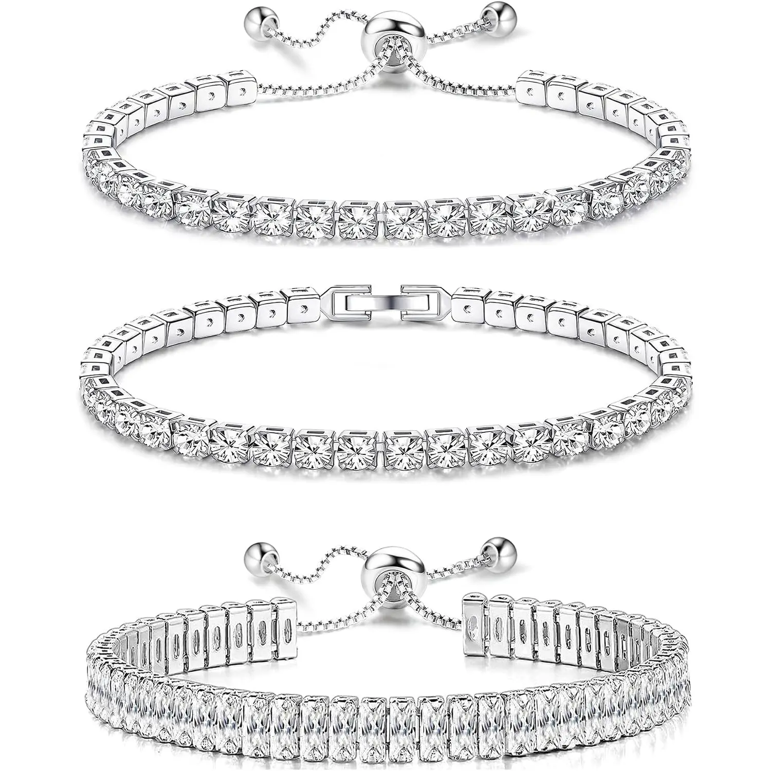 3Pcs Silver Tennis Bracelet for Women, Diamond Bracelet Jewelry | Silver Stackable Bracelets with Cubic Zirconia, Adjustable Stacking Bracelet Set for Prom, Wedding Gift