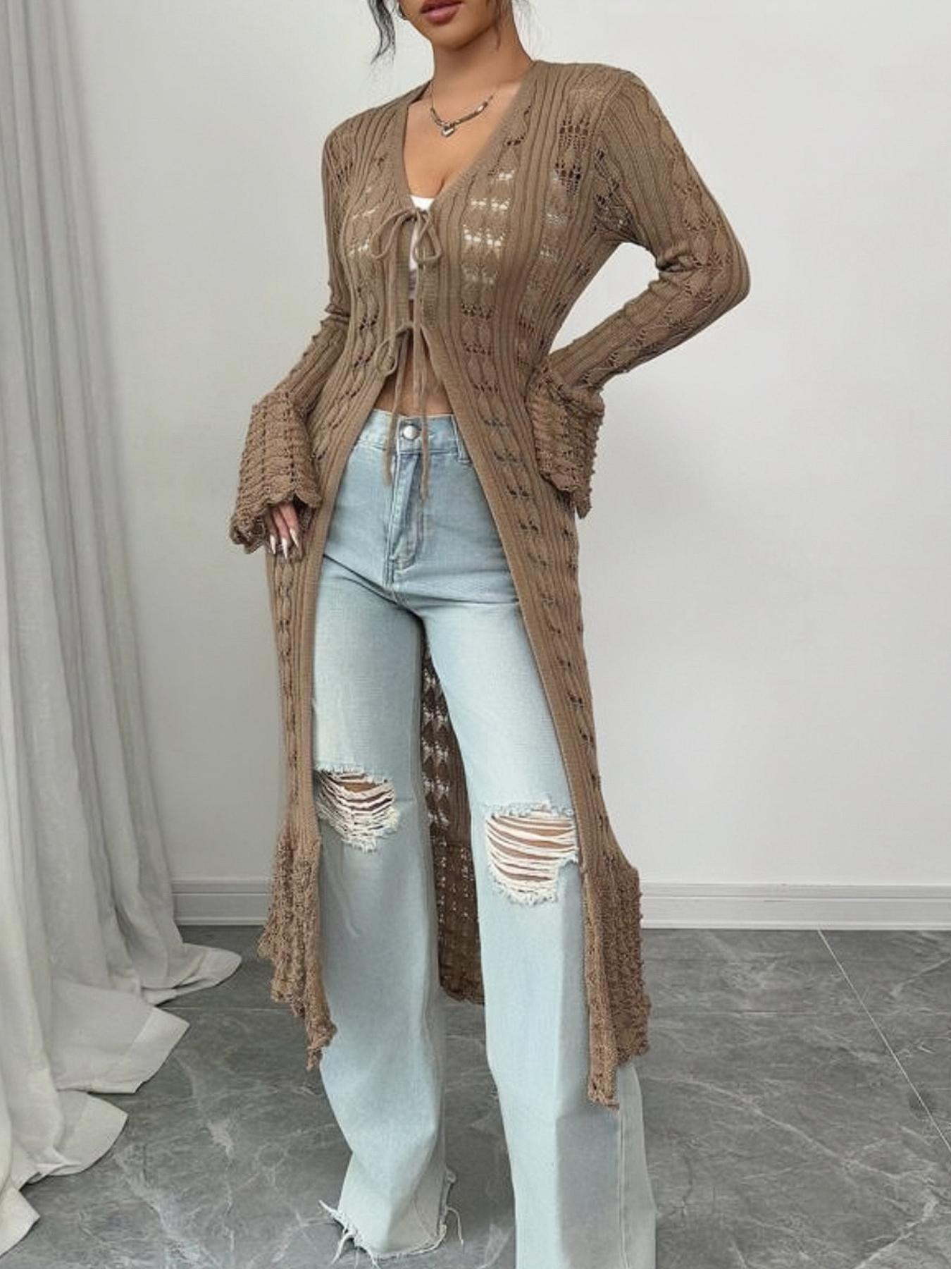 Women's Solid Color Long Sleeve Knitting Cardigan, Elegant Fashion Casual Fitted Tie Front Cardigan, Women Knitwear for Daily Outdoor Wear