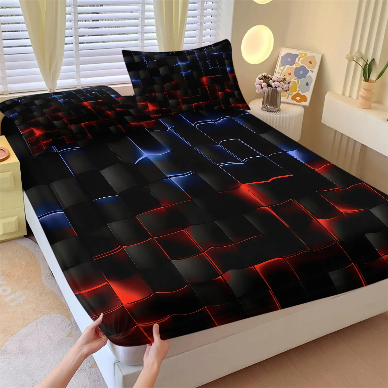 3PCS Red Blue Neon 3D Cube Grid Print Fitted Sheet Set (1 Fitted Sheet + 2 Pillowcases), Soft Comfortable Breathable Wrinkle Resistant Skin-Friendly Fabric, Deep Pocket Anti-Slip Full Wrap Design, Cool Geometric Gaming Bedding For Bedroom & Dorm