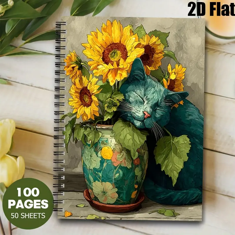 1 Spiral Notebook with Sunflower Cat Design, 5.7x8.26 Inch, High-Quality Lined Pages, Durable Binding, Perfect for Daily Journaling, Travel Notes, Back to School Supplies, Birthday Gift for Cat Lovers, Art Enthusiasts and Students [2D] Flat