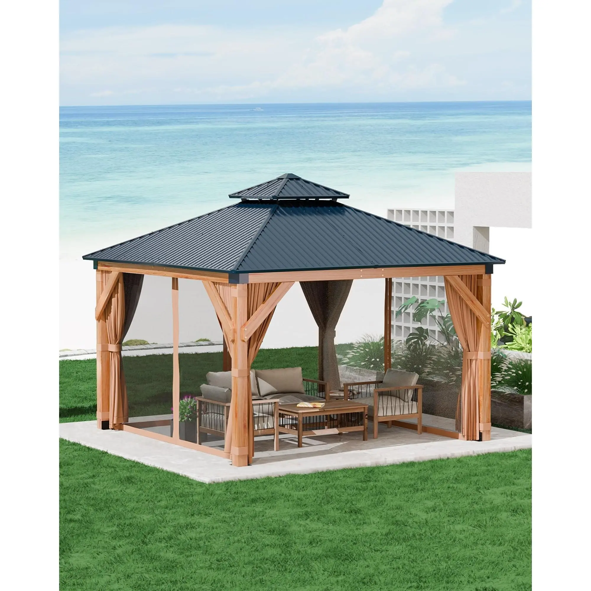 Garvee Hard top Wood Gazebo 10 ft x10 ft for All Weather, with Double Metal Roof, Heavy Duty Wooden Frame, Net, and Curtain, Permanent Building for Patio, Deck, Backyard, Lawn, and Garden, Khaki