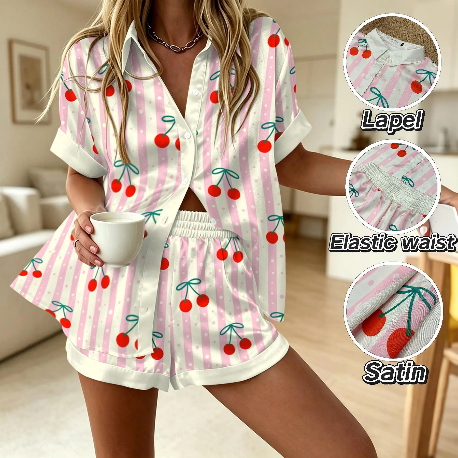 Women's Silky Smooth Cherry Print Pajama Set, 2-Piece Cute Style Loungewear with Short Sleeve Button Down Shirt & Shorts, Everyday, Top, Nightwear, Matching