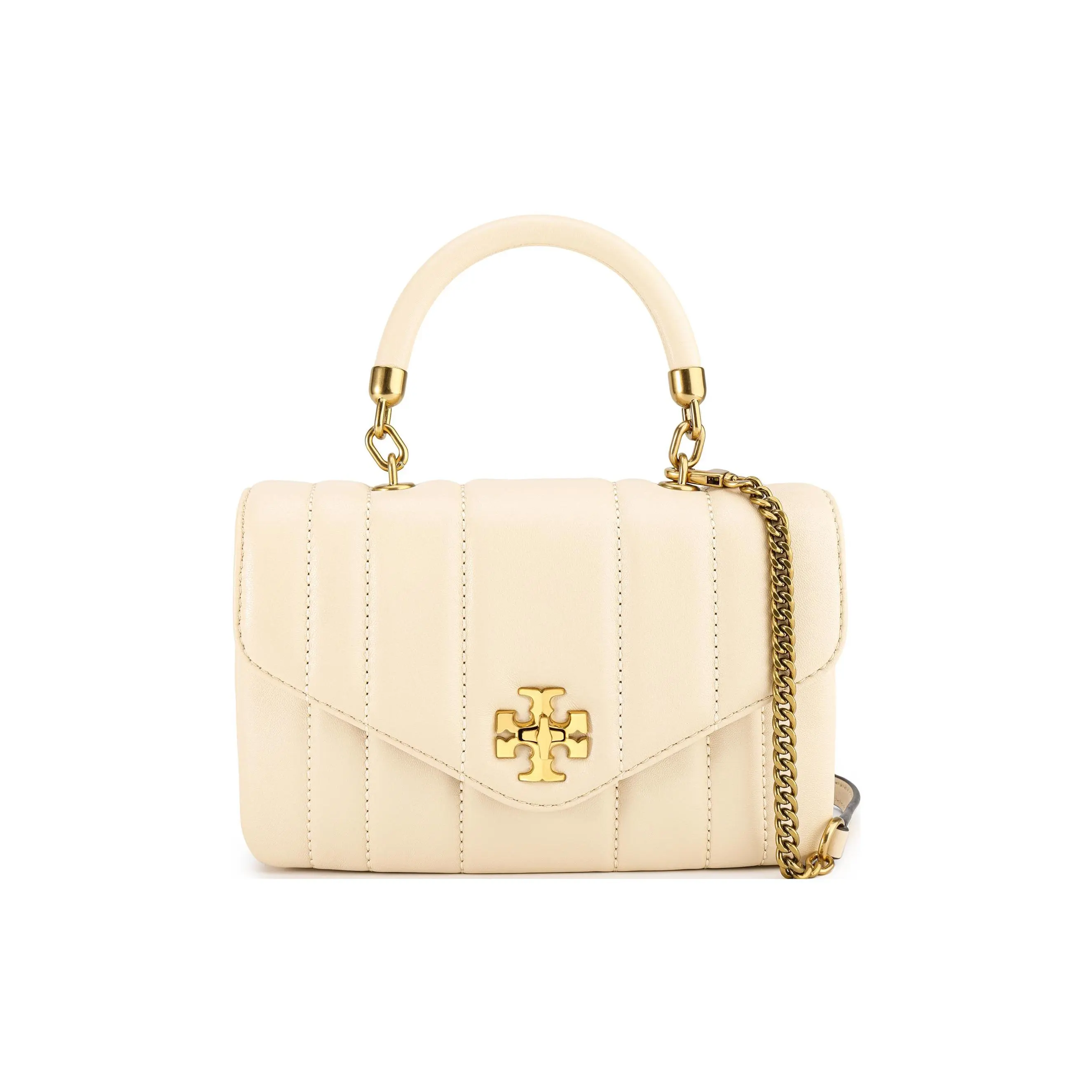 Tory Burch Kira Mini Crossbody Handbag for Women – Double T Logo Leather Shoulder Bag in Beige